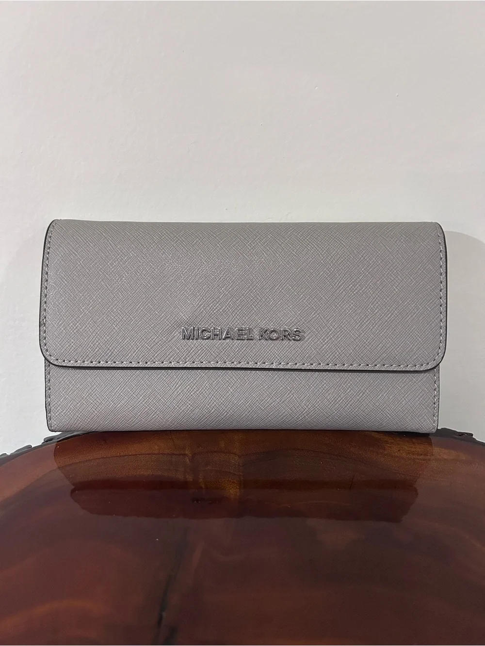 NWT Michael Kors Light Gray Saffiano Leather Folding Wallet